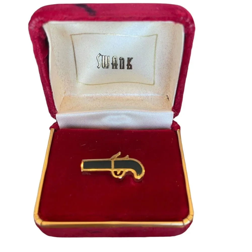 Vintage SWANK Hand Gun Revolver Pistol Tie Tack Pin In Box Mens Jewelry Gift